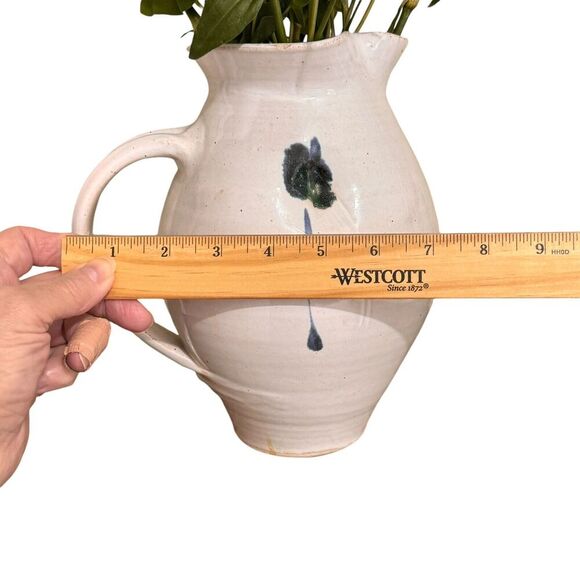 Studio Art Pottery Dimpled Floral Stoneware Pitcher Jug Signed Vase Cream/Blue - Picture 7 of 9